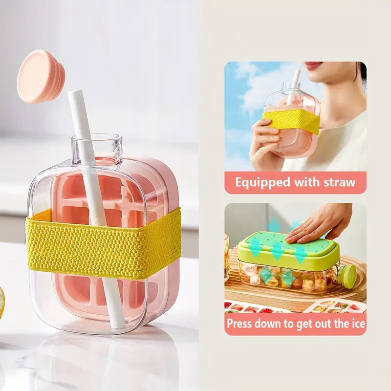Ice Cube Bottle, 2 in 1 Touch-Free Ice Cube Tray Water Bottle