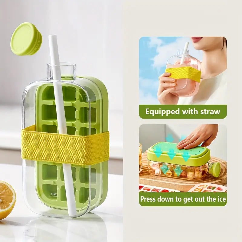 Ice Cube Bottle, 2 in 1 Touch-Free Ice Cube Tray Water Bottle