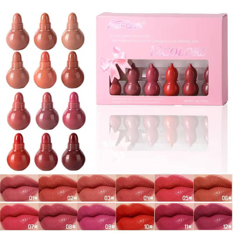12pcs Lipstick Set - New Lucky Gourd, Matte Shimmer Capsule Lipstick, Long Lasting Waterproof Velvet Matte Lipstick, Easy to Apply & Carry