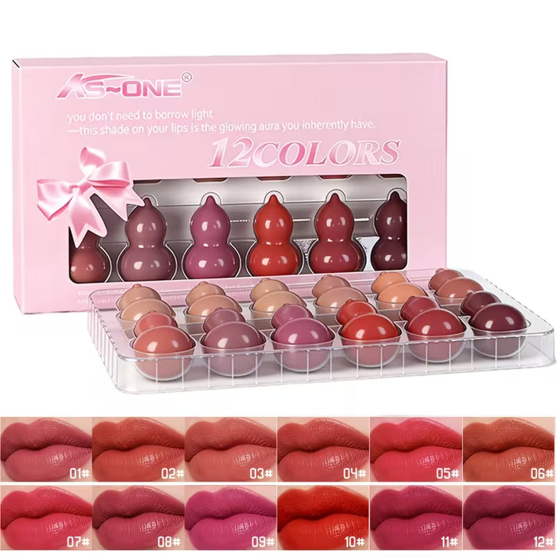 12pcs Lipstick Set - New Lucky Gourd, Matte Shimmer Capsule Lipstick, Long Lasting Waterproof Velvet Matte Lipstick, Easy to Apply & Carry