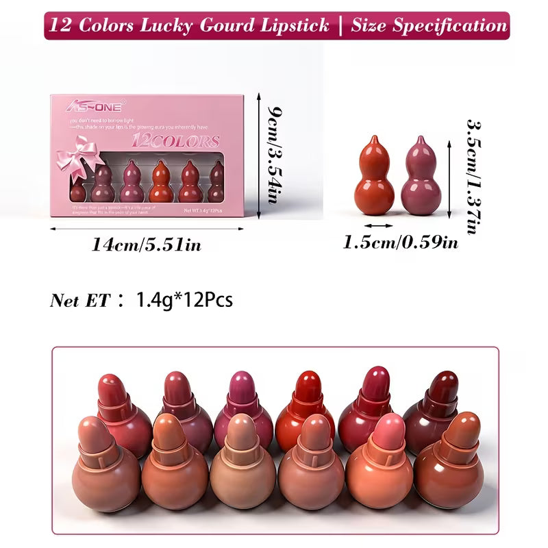 12pcs Lipstick Set - New Lucky Gourd, Matte Shimmer Capsule Lipstick, Long Lasting Waterproof Velvet Matte Lipstick, Easy to Apply & Carry
